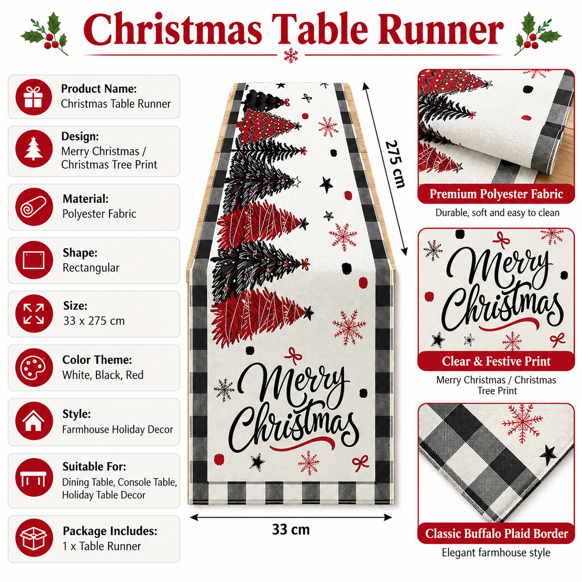 Christmas Tree Buffalo Plaid Table Runner