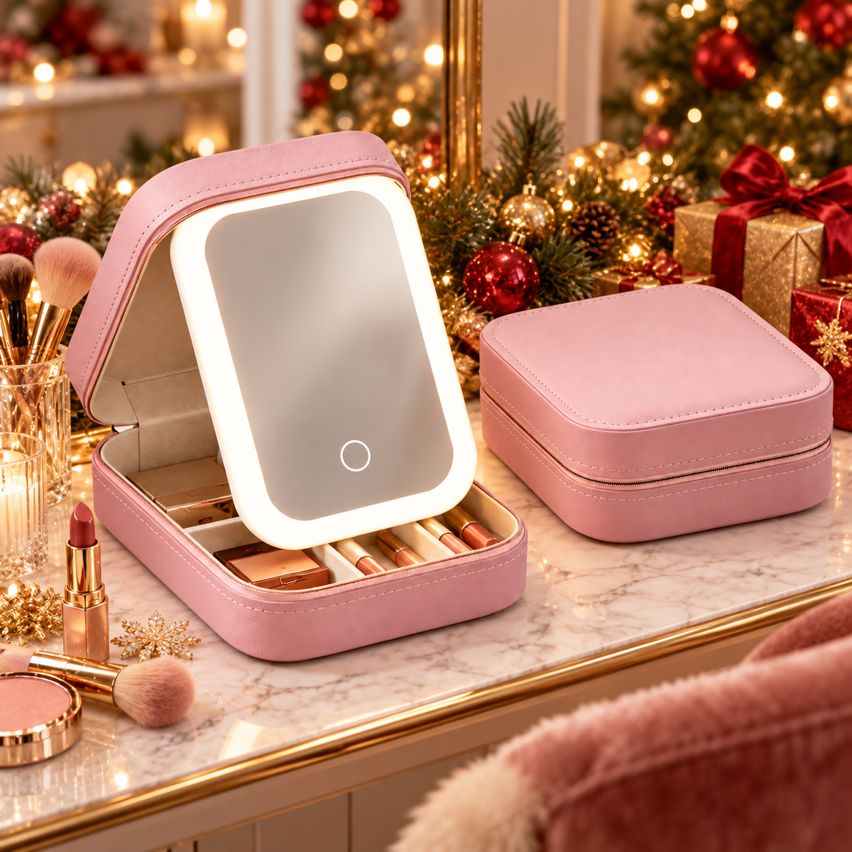 Portable LED Lighted Makeup Mirror & Organizer