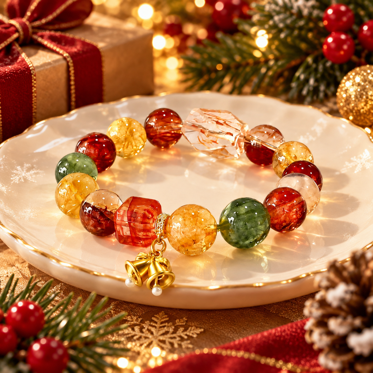 Multicolor Natural Crystal Beaded Bracelet – Elegant Gold Bell Charm Jewelry for Women