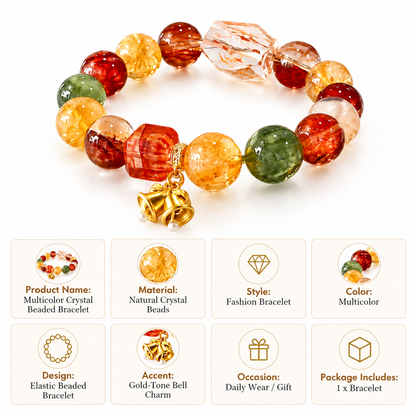 Multicolor Natural Crystal Beaded Bracelet – Elegant Gold Bell Charm Jewelry for Women