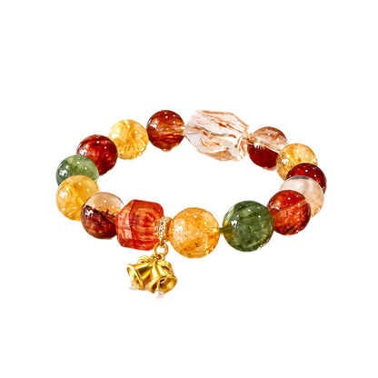 Multicolor Natural Crystal Beaded Bracelet – Elegant Gold Bell Charm Jewelry for Women