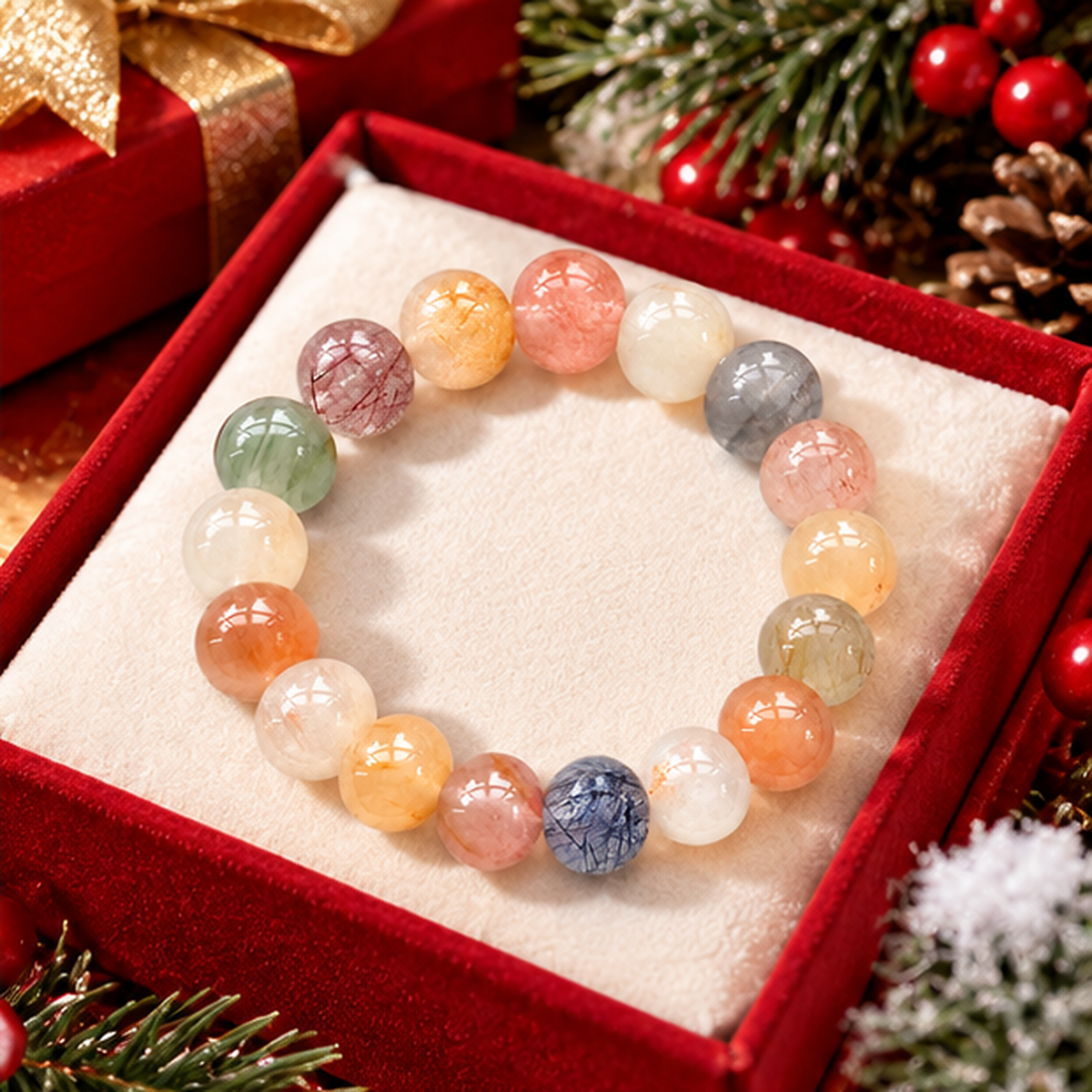 Natural Multicolor Rutilated Quartz Beaded Bracelet
